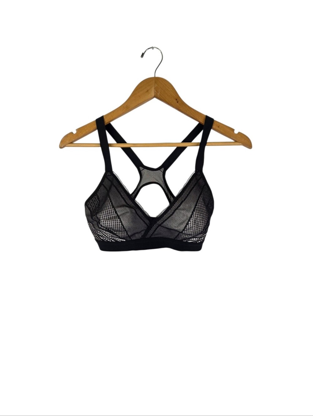 Lululemon Awake to Lace Bra Black Beige Sporty V Neck Sheer Mesh Layer Size 32D